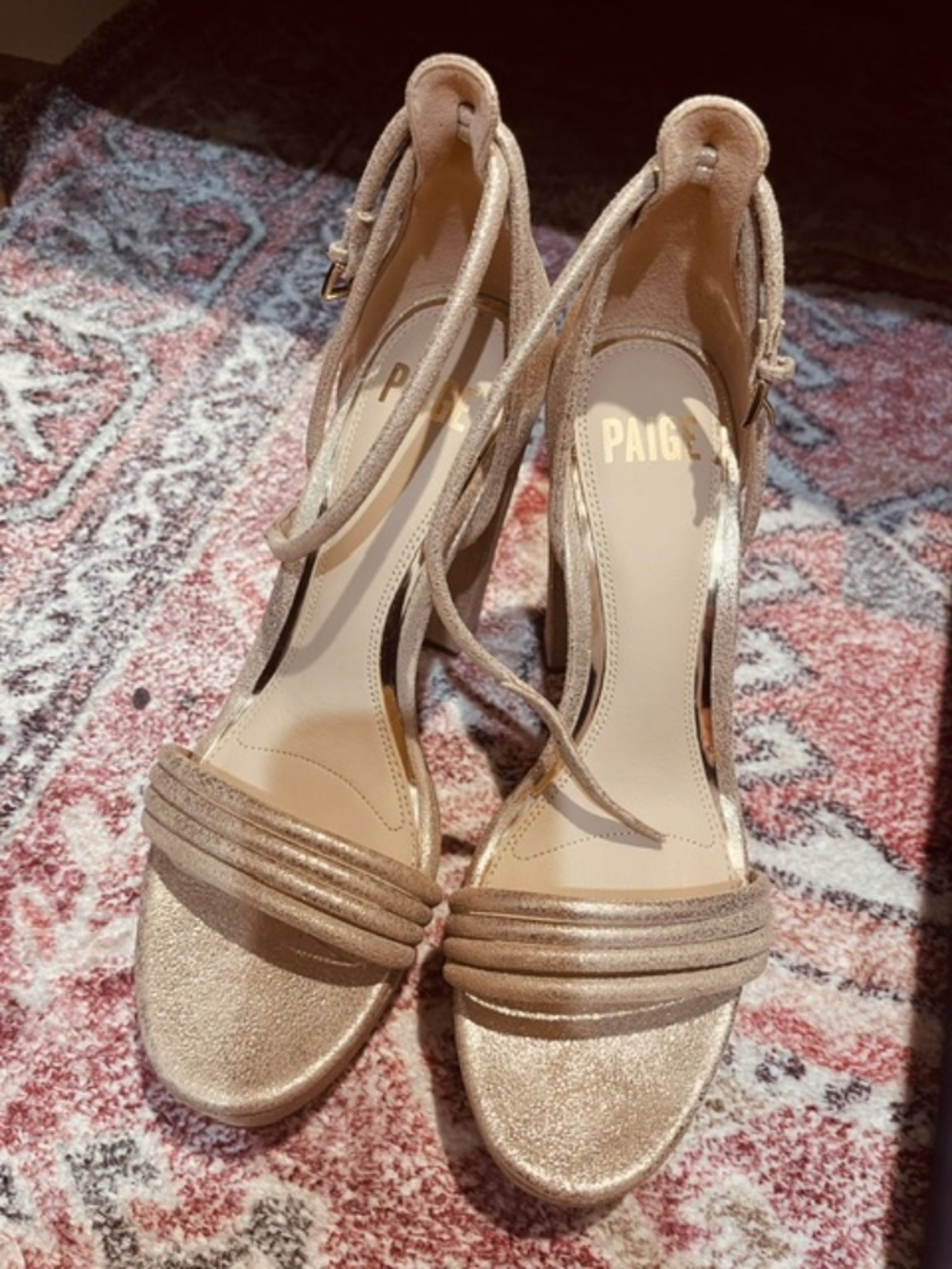 PAIGE Cat Gold Platform Ankle-Strap Heels
